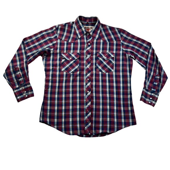 Young Bloods Shirt Men's L/S Plaid Pearl Snap Up Pockets Purple Blue Yellow L - Picture 1 of 11
